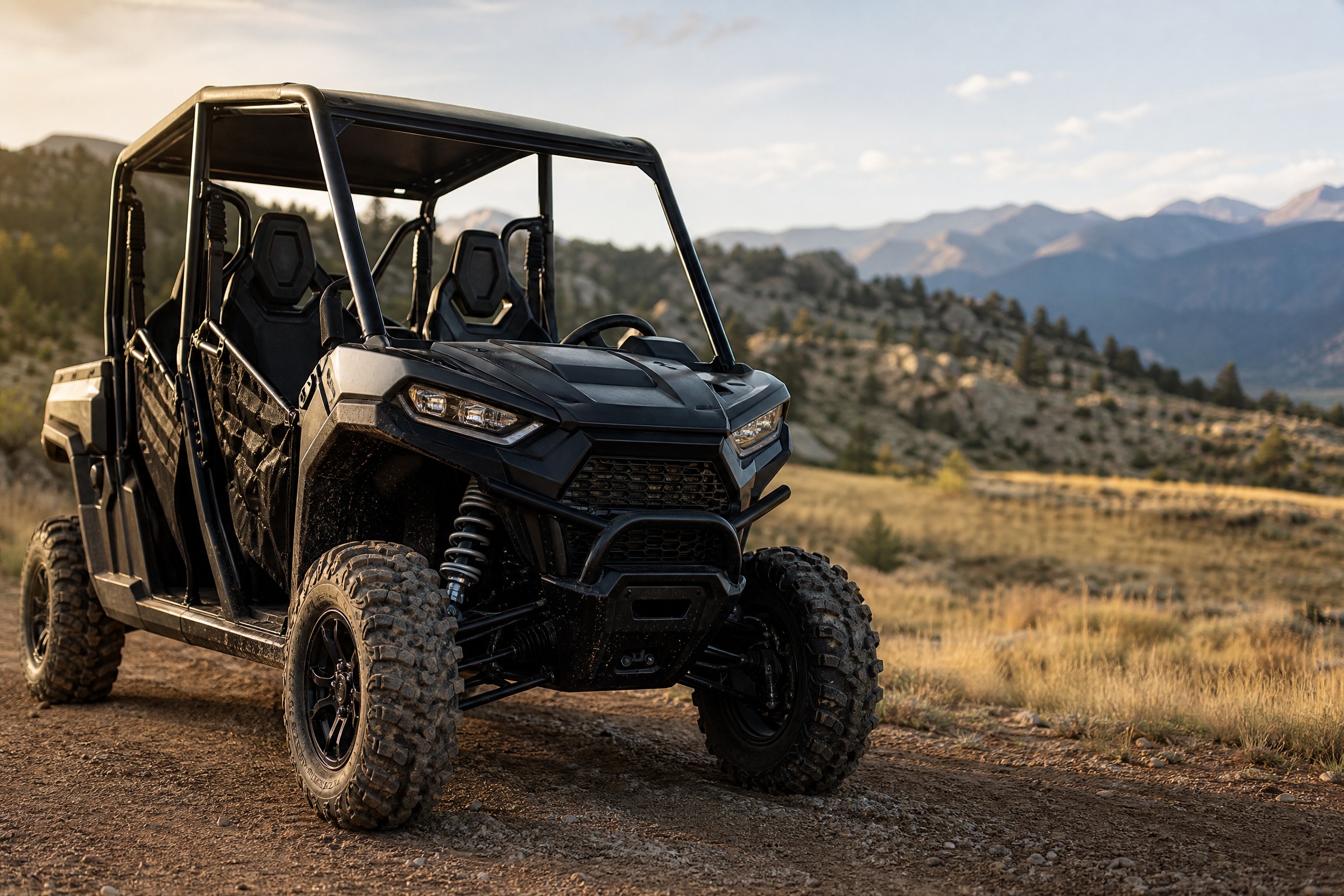 Close view of a clean side-by-side UTV ready at a Colorado trailhead